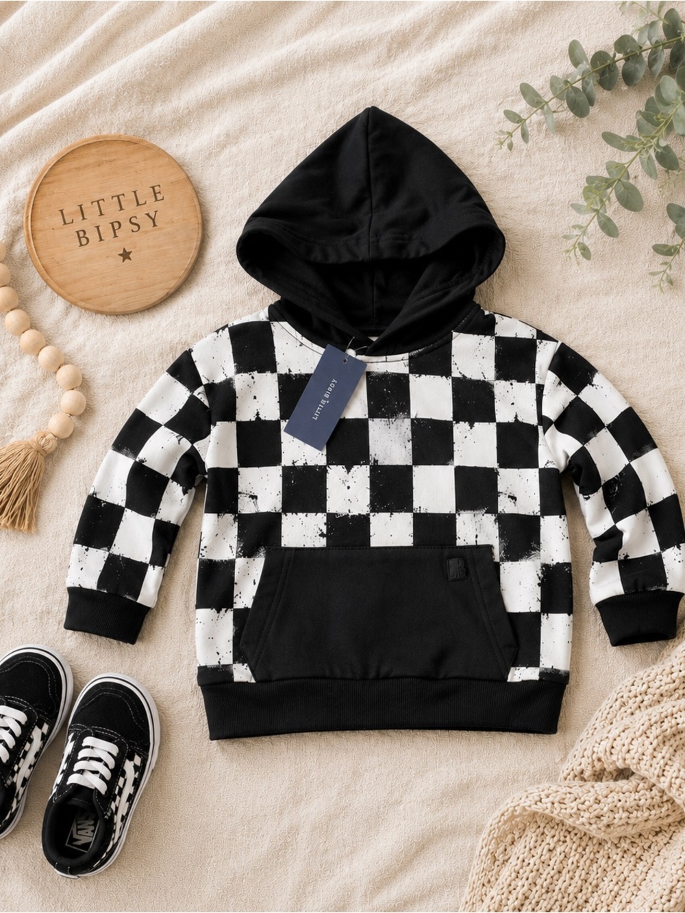 Little Bipsy Checker Hoodie 12-18M Black White Pullover Streetwear Toddler